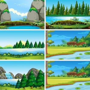20 Cartoon Background & 5 Free Characters (Adobe Animate Vector)